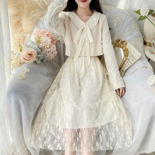 Set: Long-sleeve Lace Midi A-line Dress + Vest