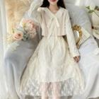 Set: Long-sleeve Lace Midi A-line Dress + Vest