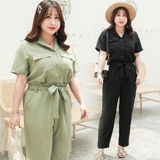 Set: Short-sleeve Plain Shirt + Slim-fit Pants