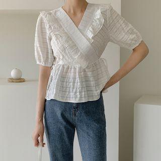 Frilled Crinkled Peplum Wrap Top White - One Size