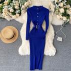 Long-sleeve Button-up Belted Knit Midi Sheath Dress