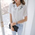 Puff-sleeve Embroidered Frilled Chiffon Blouse