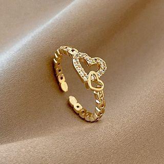 Heart Rhinestone Alloy Open Ring Gold - One Size