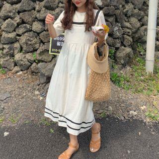 Sailor Collar Elbow-sleeve Midi A-line Dress Almond - One Size