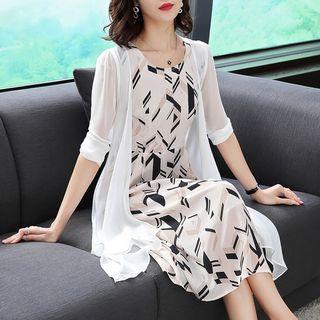 Set: Print Sleeveless A-line Dress + Long Chiffon Jacket