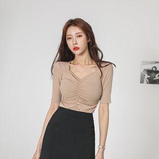 Ruched Ribbed Slim-fit Top