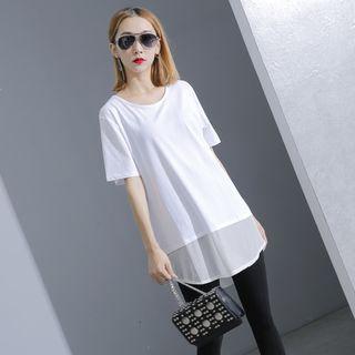 Mesh-hem Short-sleeved Long T-shirt