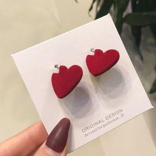 Heart Stud Earring 1 Pair - 925 Silver Stud - Red - One Size