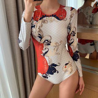 Printed Open-back Long-sleeve Swimsuit