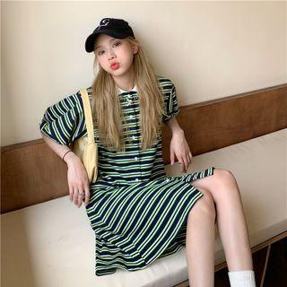 Short-sleeve Striped A-line Polo Dress / Plaid Shirt