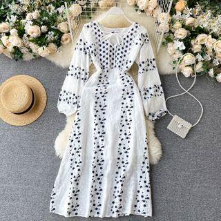V-neck Puff-sleeve Embroidered Flower Dress