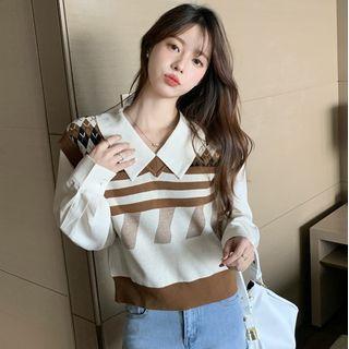 Mock Two-piece Long-sleeve Collared Argyle Knit Panel Top Khaki - One Size