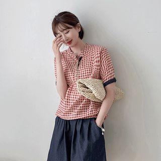 Open-placket Contrast-trim Checked Shirt