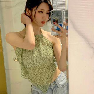 Halter-neck Floral Print Crop Top Green - One Size