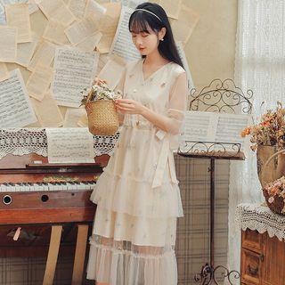 Elbow-sleeve V-neck Mesh Panel Dress