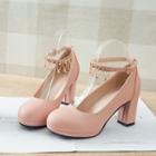 Embellished Ankle Strap Faux Leather Chunky Heel Pumps