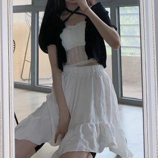 Puff-sleeve Crisscross Cardigan / Lace Camisole Top / Mini A-line Skirt