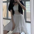 Puff-sleeve Crisscross Cardigan / Lace Camisole Top / Mini A-line Skirt