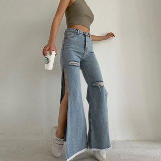 Distressed Side-slit Bootcut Jeans