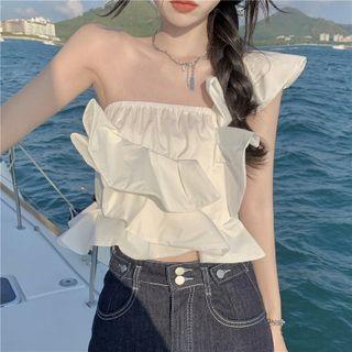 One-shoulder Ruffle Blouse White - One Size