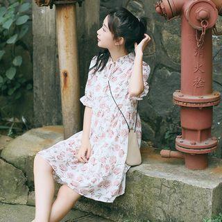 Floral Print Frill Collar Chiffon Dress