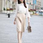 Set: Lace Bell-sleeve Top + Pleated Skirt