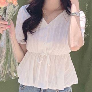 Short-sleeve Embroidered Tie Waist Buttoned Top