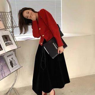 Heart Button Sweater / Plain Maxi Skirt - Set