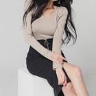 Set: Long-sleeve T-shirt + Slit Pencil Skirt