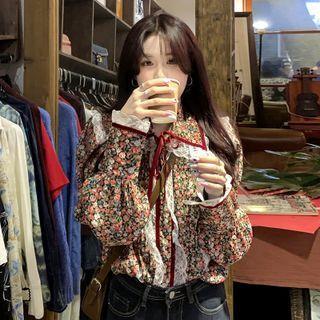 Collar Lace Trim Floral Blouse Red - One Size