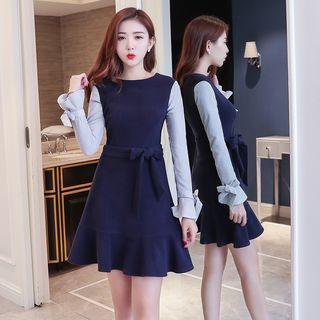 Contrast Sleeve Corduroy A-line Dress
