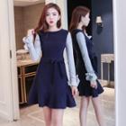 Contrast Sleeve Corduroy A-line Dress