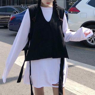 Set: Long-sleeve T-shirt Dress + Vest As Shown In Figure - One Size