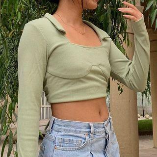 Plain Long Sleeve Square Neck T-shirt