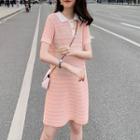 Striped Short-sleeve Collared Knit Dress