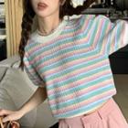 Short-sleeve Striped Knit Top Blue & Pink & White - One Size