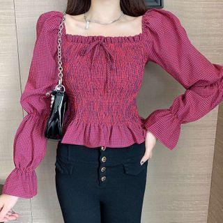 Puff-sleeve Plaid Ruched Blouse