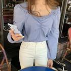 Plain Square-neck Ruffled Loose-fit Puff-sleeve Blouse