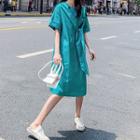 Short-sleeve Tie-front Split Shift Dress