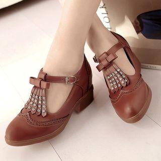Fringed Chunky Heel Hidden Wedge T-bar Shoes