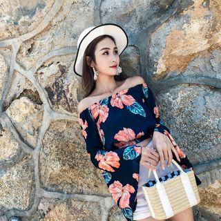 Off-shoulder Long-sleeve Floral Print Crop Top