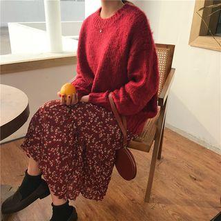 Floral V-neck Long-sleeve Dress Red - One Size