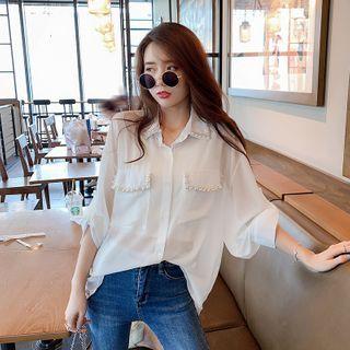 Faux Pearl Trim Shirt White - One Size
