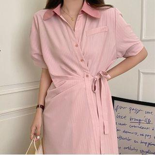 Short-sleeve Sashed Shirt Dress Pink - One Size