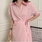 Short-sleeve Sashed Shirt Dress Pink - One Size