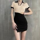 Short-sleeve Two-tone Cut-out Mini Sheath Dress