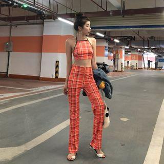 Set: Plaid Camisole Top + Straight Fit Pants