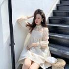 Bell-sleeve Mesh Blouse / Mini A-line Pinafore Dress