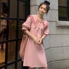 Elbow-sleeve Collared A-line Dress Pink - One Size