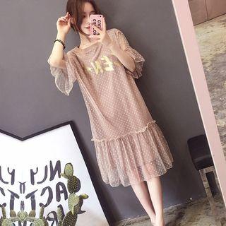 Mesh Covered Elbow-sleeve Shift Dress